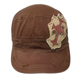 D&Y Brown Cotton Army Cap Hat One Size Distressed Frayed Red Cross Rose Patch